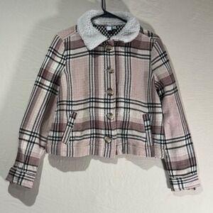 Susina Plaid Jacket Womens Small Pink Black New No Tags Faux Fur Collar Button